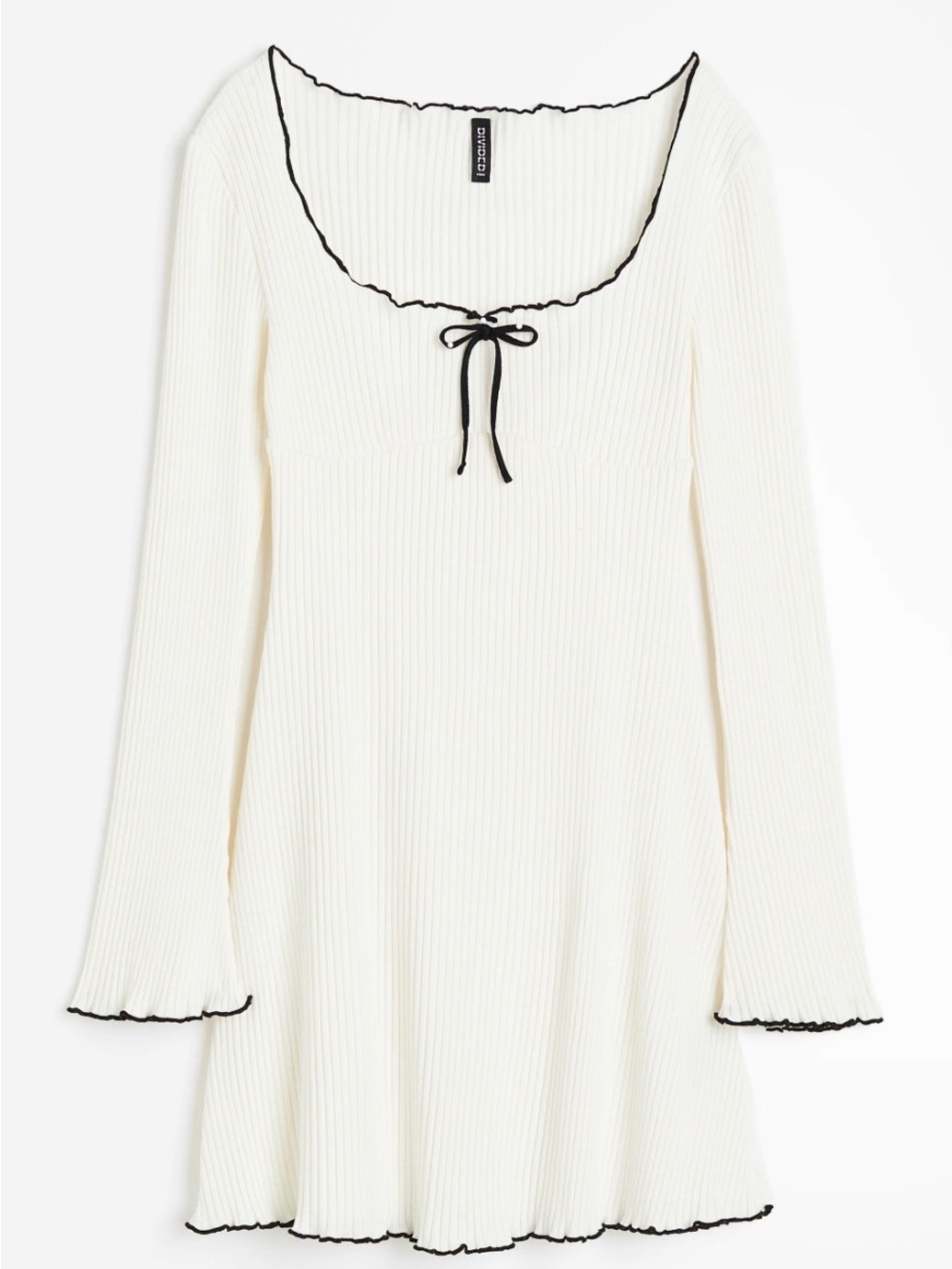 H&M cream / white Ribbed jersey Long-Sleeve Mini Dress with Black Trim